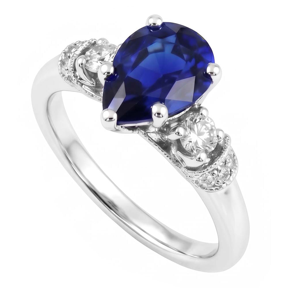 3 Stones Ring Antique Style Pear Ceylon Sapphire & Natural Earth Mined Diamond ( Not Lab Grown )s 2 Carats