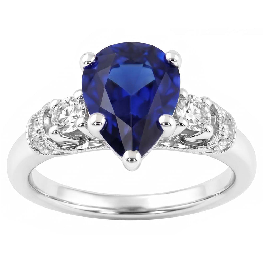 3 Stones Ring Antique Style Pear Ceylon Sapphire & Natural Earth Mined Diamond ( Not Lab Grown )s 2 Carats