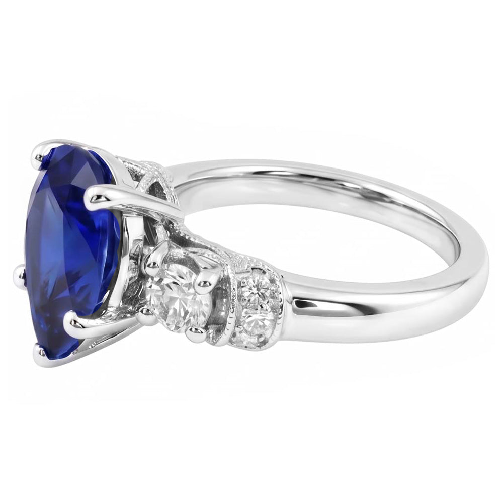 3 Stones Ring Antique Style Pear Ceylon Sapphire & Natural Earth Mined Diamond ( Not Lab Grown )s 2 Carats