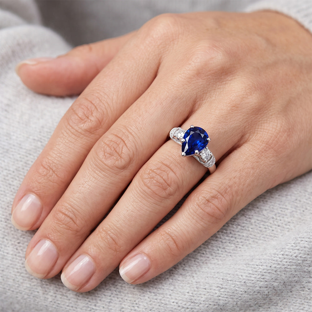 3 Stones Ring Antique Style Pear Ceylon Sapphire & Natural Earth Mined Diamond ( Not Lab Grown )s 2 Carats