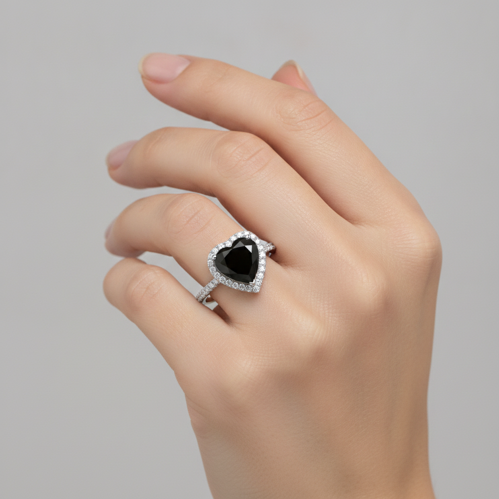 Black Diamond Proposal Ring 4 Carat Natural Heart Halo Pave 14K White Gold