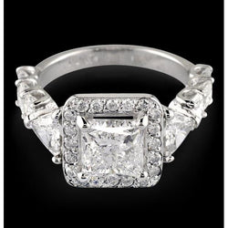 3.01 Carat Princess Center Natural Halo Diamond Ring Solid White Gold 14K