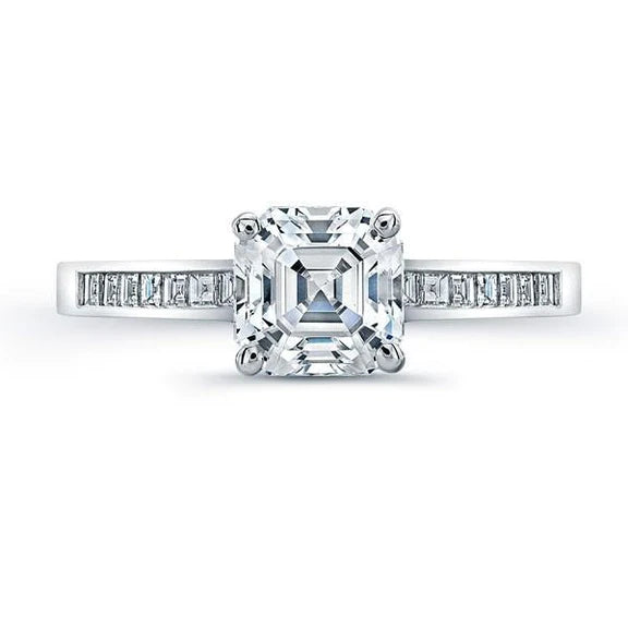 3.01 Carats Asscher Genuine Diamond Ring With Accents White Gold 14K