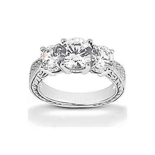 3.01 Ct. Real Diamond 3 Stone Ring Antique Style White Gold 14K