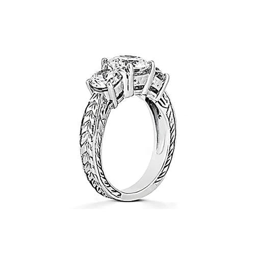 3.01 Ct. Real Diamond 3 Stone Ring Antique Style White Gold 14K