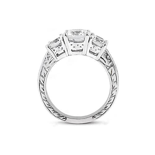 3.01 Ct. Real Diamond 3 Stone Ring Antique Style White Gold 14K