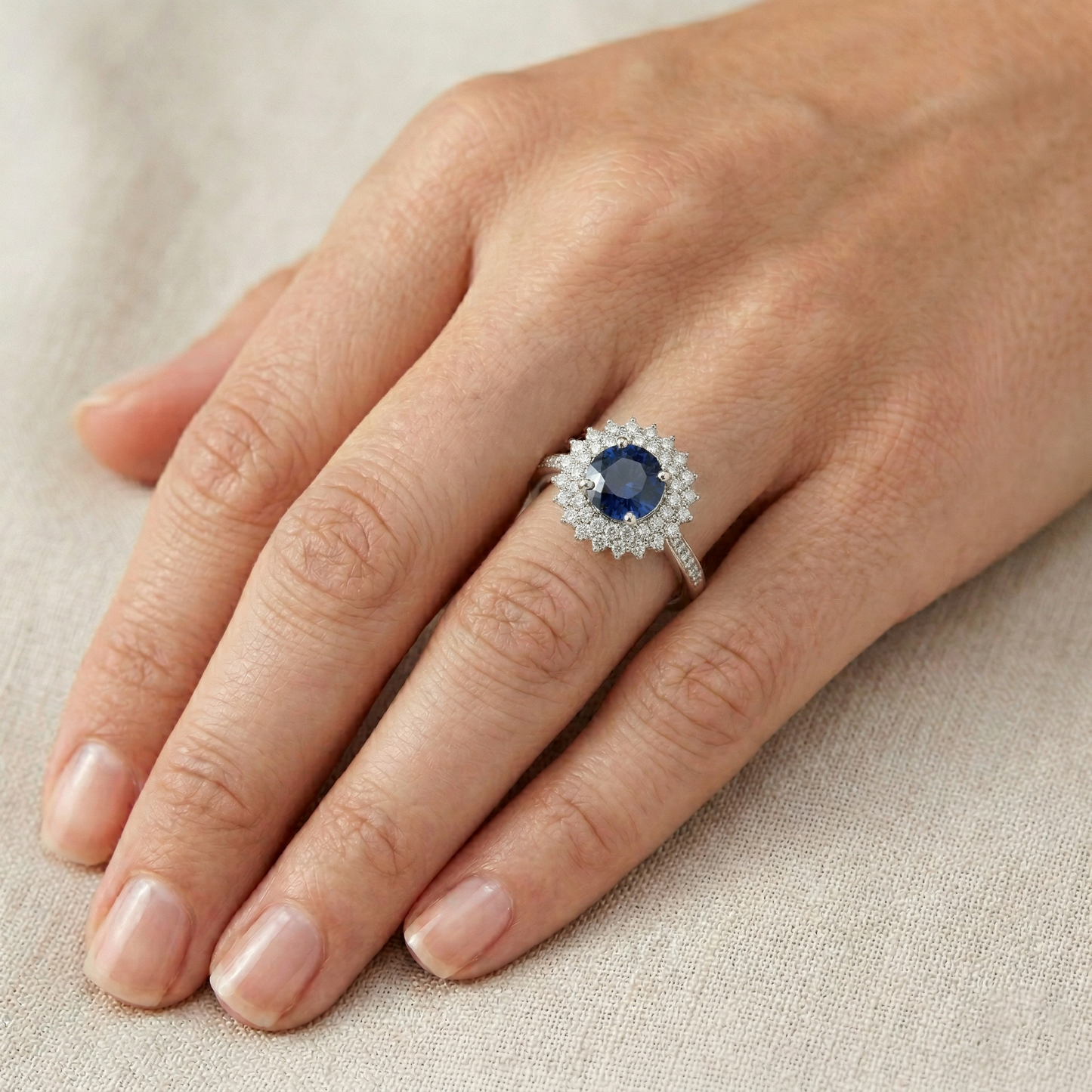 3.10 Ct Round Ceylon Blue Sapphire & Natural Earth Mined Diamond ( Not Lab Grown ) s Ring WG 14K