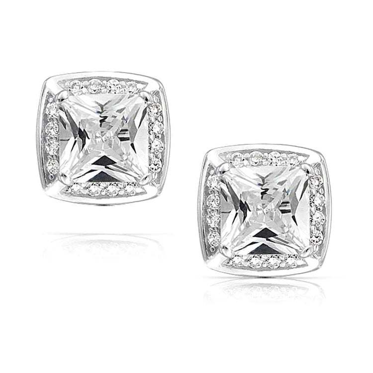 3.14 Ct Round And Princess Cut Natural Diamonds Studs Halo Earring White Gold 14K