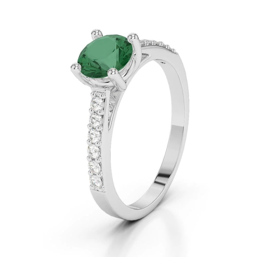 3.15 Carats Prong Set Green Emerald And Diamonds Wedding Ring WG 14K