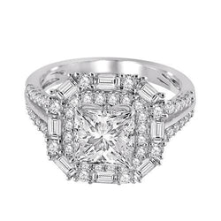 3.25 Carat Princess Baguette Center Real Diamond Engagement Ring
