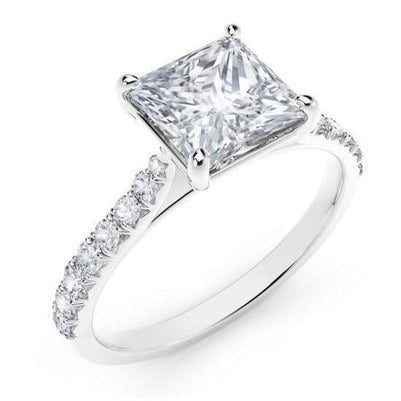 3.30 Carats Real Princess And Round Diamonds Solitaire Ring With Accents