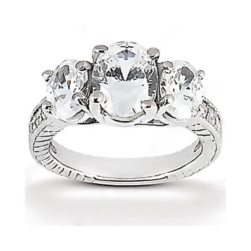 3.31 Carat 3 Stone Style Oval Real Diamond Engagement Ring White Gold 14K