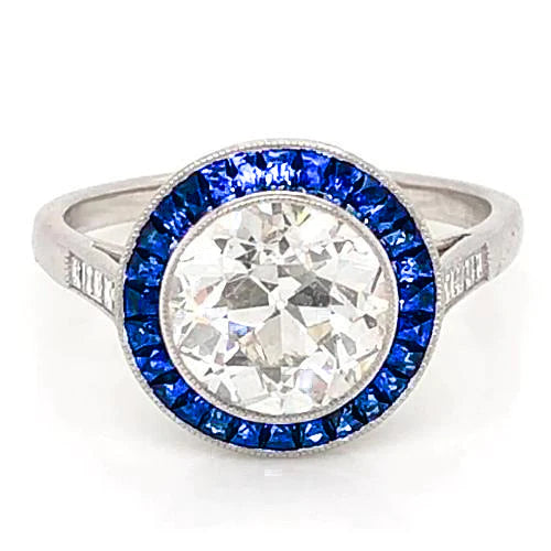 3.50 Carats Blue Sapphire Real Diamond Ring Old Miner White Gold 14K