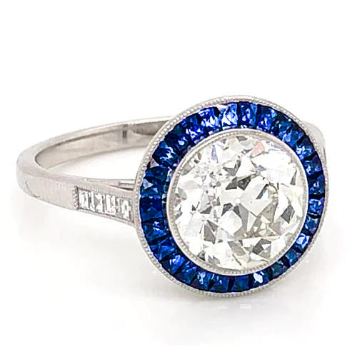 3.50 Carats Blue Sapphire Real Diamond Ring Old Miner White Gold 14K