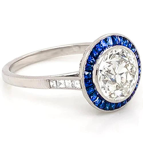 3.50 Carats Blue Sapphire Real Diamond Ring Old Miner White Gold 14K