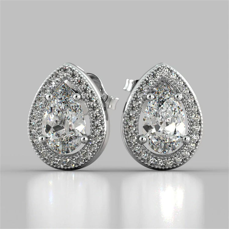 3.50 Carats Pear Cut Halo Genuine Diamond Stud Earring White Gold 14K