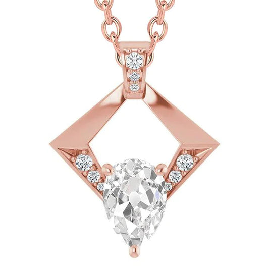 3.50 Carats Rose Gold Round & Pear Old Cut Genuine Diamond Pendant Jewelry 14K