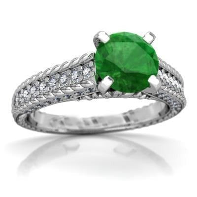 3.50 Carats Round Cut Green Emerald And Diamonds Ring Prong Set White Gold