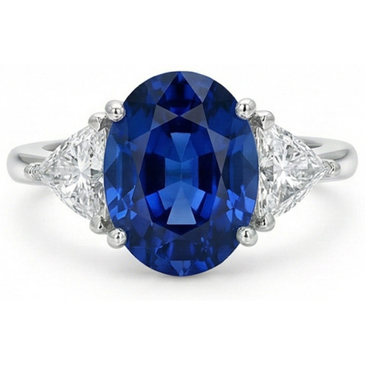 3.50 Ct Oval And Trillion Ceylon Sapphire Natural Earth Mined Diamond ( Not Lab Grown ) s Ring White Gold