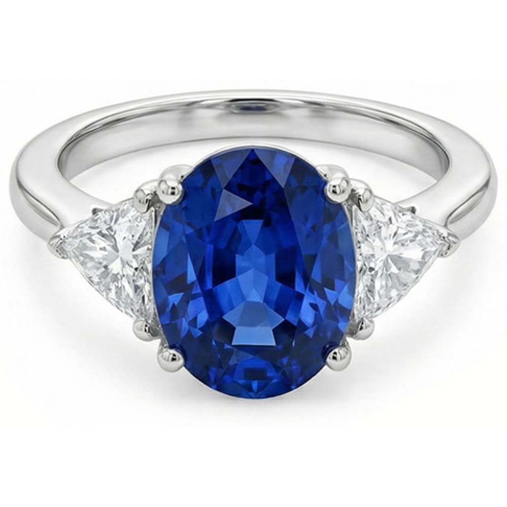 3.50 Ct Oval And Trillion Ceylon Sapphire Natural Earth Mined Diamond ( Not Lab Grown ) s Ring White Gold