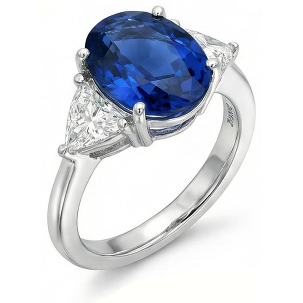 3.50 Ct Oval And Trillion Ceylon Sapphire Natural Earth Mined Diamond ( Not Lab Grown ) s Ring White Gold
