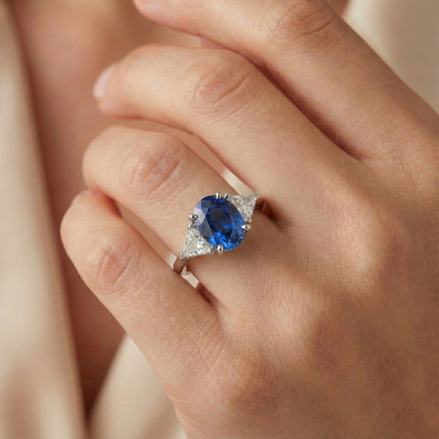 3.50 Ct Oval And Trillion Ceylon Sapphire Natural Earth Mined Diamond ( Not Lab Grown ) s Ring White Gold