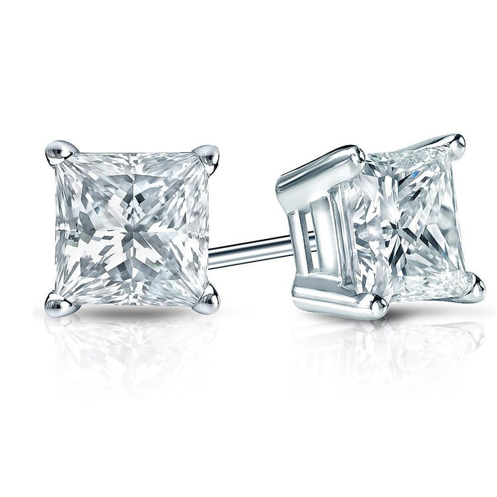 3.50 Ct Real Princess Cut Diamond Stud Earring Pair White Gold Fine