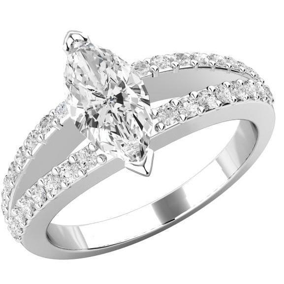 3.60 Carats Marquise & Round Real Diamond Ring 14K White Gold