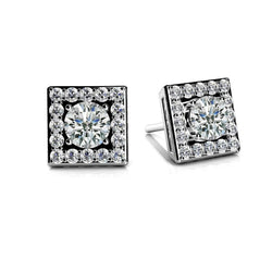 3.60 Carats Square Shaped Stud Real Halo Earrings Natural Earth Mined Diamond White Gold 14K