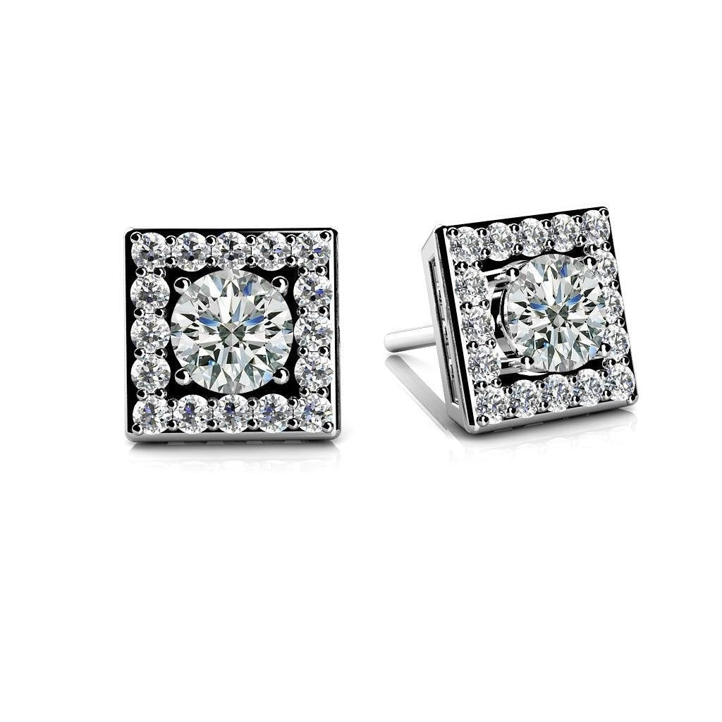 3.60 Carats Square Shaped Stud Real Halo Earrings Diamond White Gold 14K - Halo Stud Earrings-harrychadent.ca