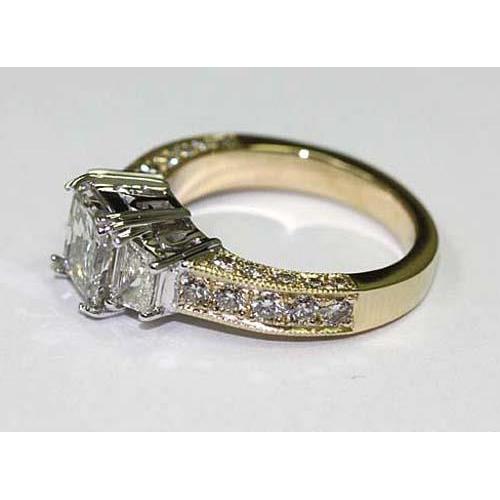 3.65 Carats Vintage Style Three Stone Natural Diamond Ring Two Tone 