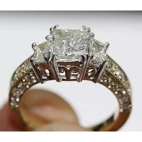 3.65 Carats Vintage Style Three Stone Natural Diamond Ring Two Tone 14K