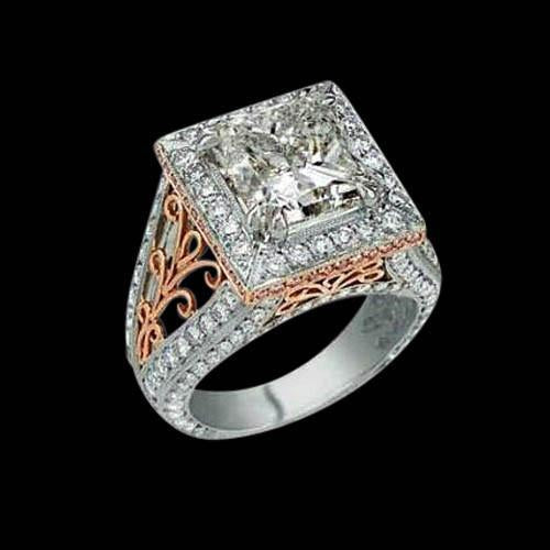 3.76 Ct. Real Diamonds Engagement Fancy Ring Halo Two Tone Gold New