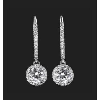 3.90 Carats Round Cut Genuine Diamonds Ladies Dangle Earrings White Gold 14K