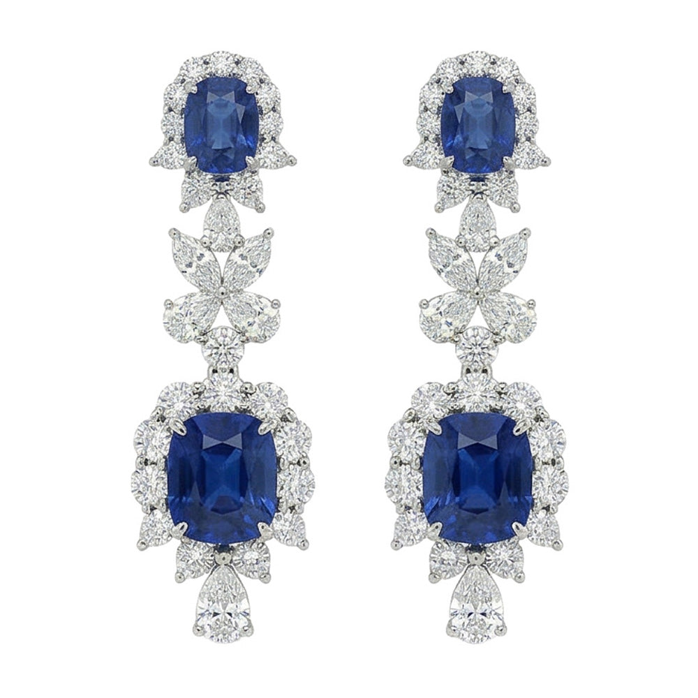 30 Carat Ceylon Sapphire & Natural Earth Mined Diamond ( Not Lab Grown )s Dangle Pair Earrings