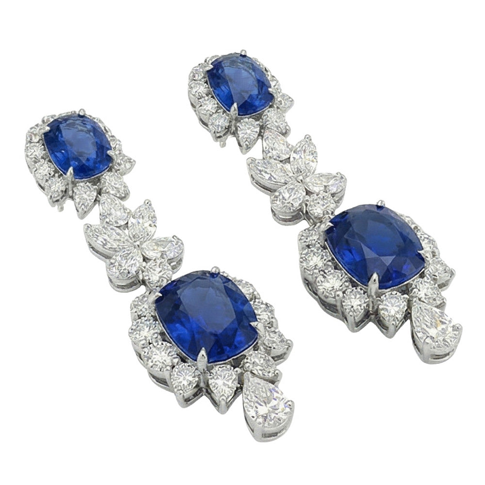 30 Carat Ceylon Sapphire & Natural Earth Mined Diamond ( Not Lab Grown )s Dangle Pair Earrings