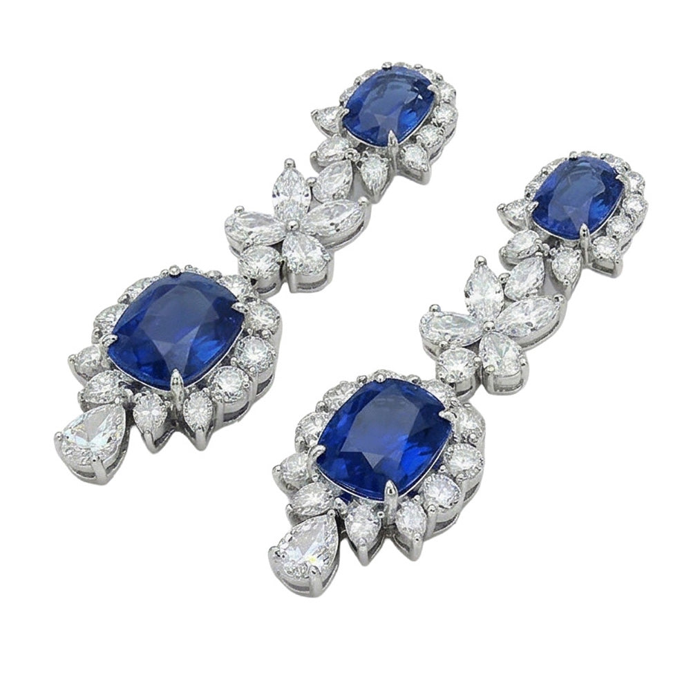 30 Carat Ceylon Sapphire & Natural Earth Mined Diamond ( Not Lab Grown )s Dangle Pair Earrings