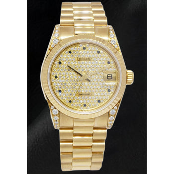 Rolex Datejust 18K Yellow Gold Pave Diamond Dial Women's Watch