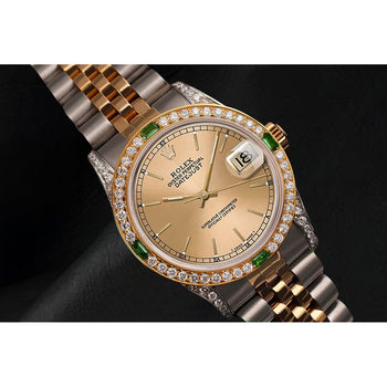 Lady Rolex Datejust Champagne Stick Dial Yellow Gold Steel Watch