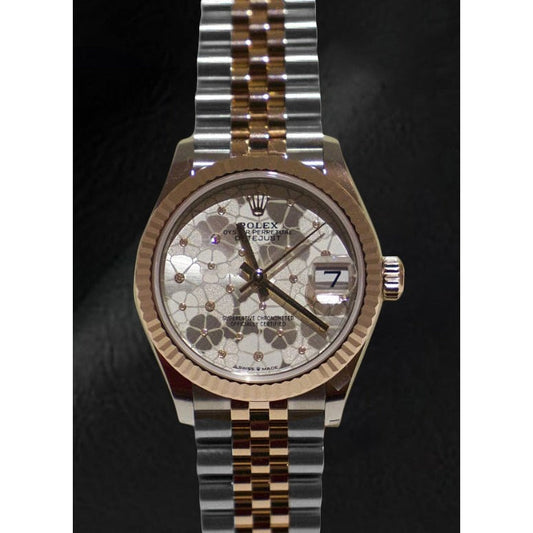 31mm Rolex Datejust Silver Floral Diamond Dial Rose Gold Steel Women's Watch
