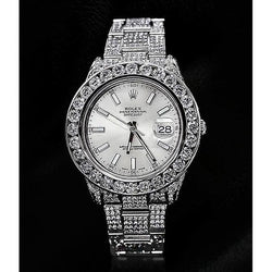 32 Carats Custom Diamond Rolex Watch Silver Dial Ss Datejust Ii