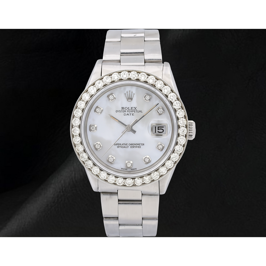 Rolex 34mm Oyster Bracelet 1500 White Mother Of Pearl Diamond Dial Watch