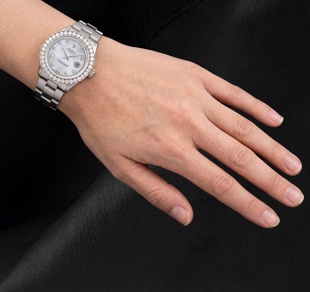 Rolex 34mm Oyster Bracelet 1500 White Mother Of Pearl Diamond Dial Watch