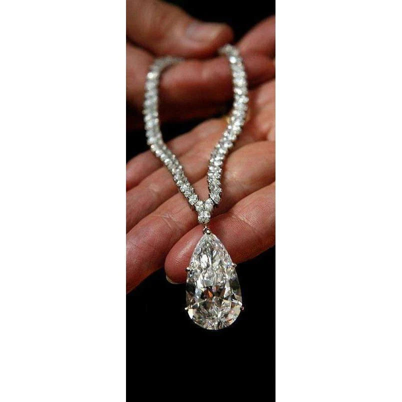 35 Carat Pear Real Diamond Necklace Solid White Gold 14K
