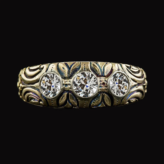 3 Carats Antique Style Three Stone Old Miner Real Diamond Band Yellow Gold