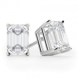 3 Carats Emerald Cut Genuine Diamond Women Studs Earring Pair White Gold