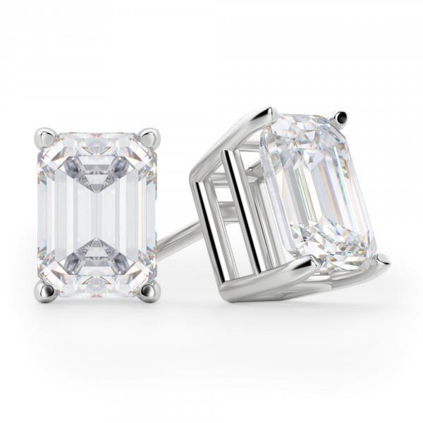 3 Carats Emerald Cut Genuine Diamond Women Studs Earring Pair White Gold