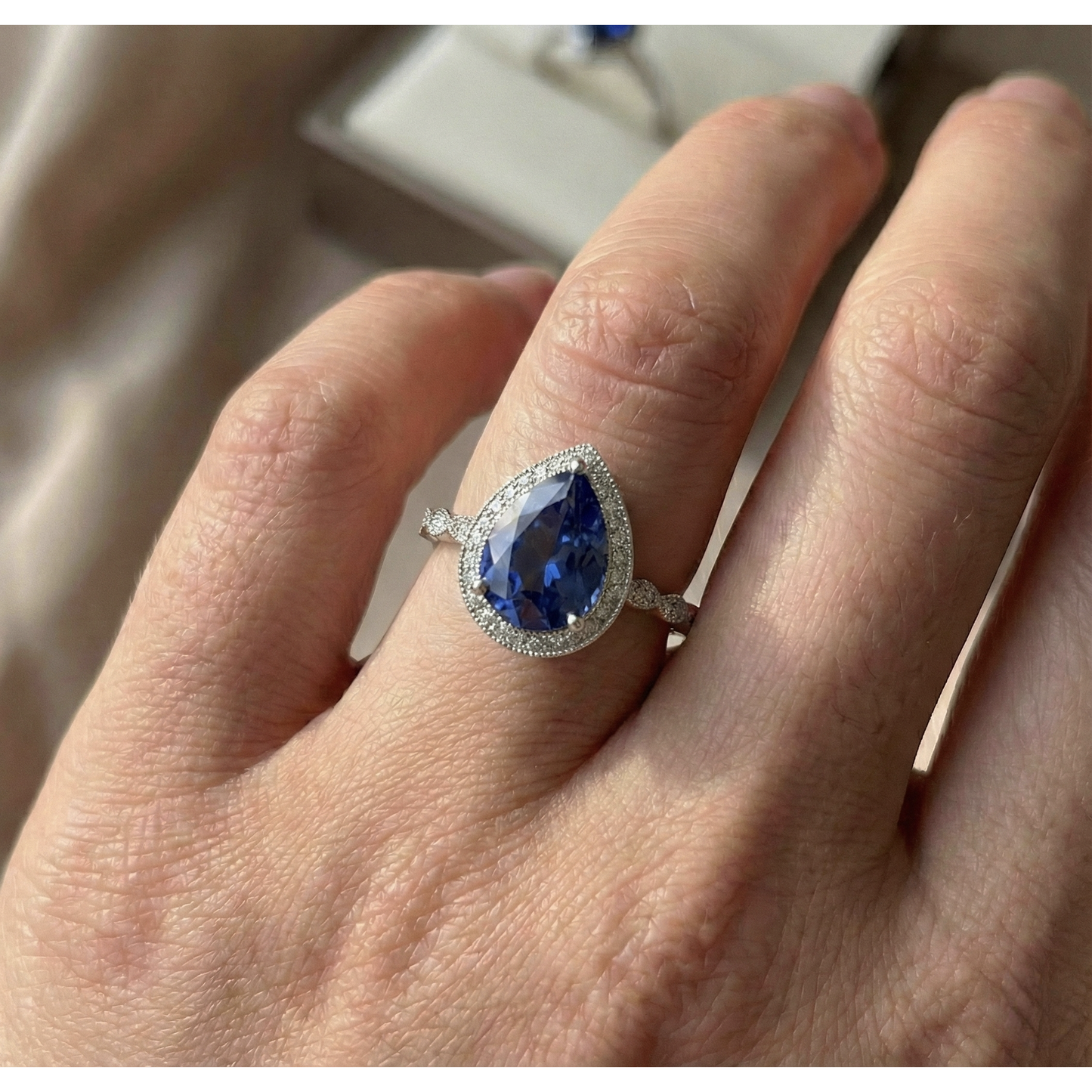 Colored Stone Ring 14 Karat White Gold with Blue Sapphire – top view