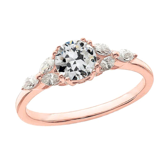 3 Carats Marquise & Round Old Cut Real Diamond Wedding Ring Gold