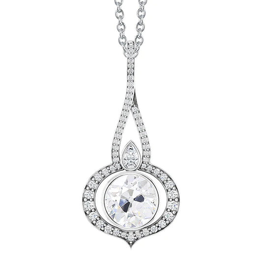 3 Carats Pear & Old Mine Bezel Real Diamond Pendant Necklace Twisted Shank